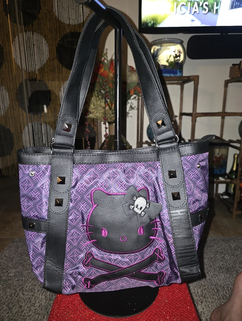 Purple/Black/Pink Skull Kitty Tote Bag with Studded Straps - Picture 1 of 15